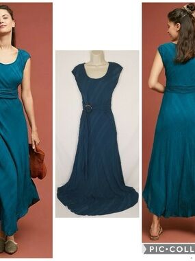 Maeve Teal Cap-Sleeve Belted Maxi Dress